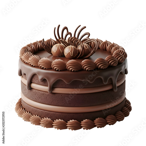 Delicious chocolate cake with intricate decorations perfect for celebrations and special occasions.