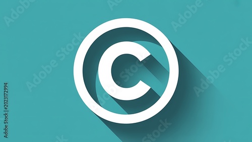Copyright symbol, white icon, teal background, flat design, shadow effect