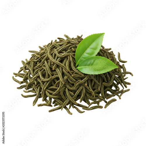 Fresh green tea leaves with a few leaves on top ready to brew.
