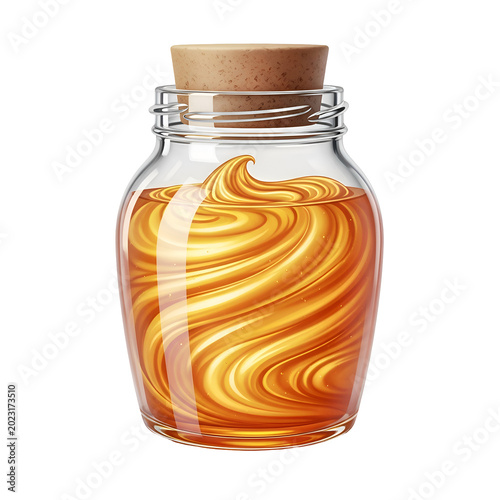 Golden liquid swirls inside a glass jar with a cork stopper beautiful design.