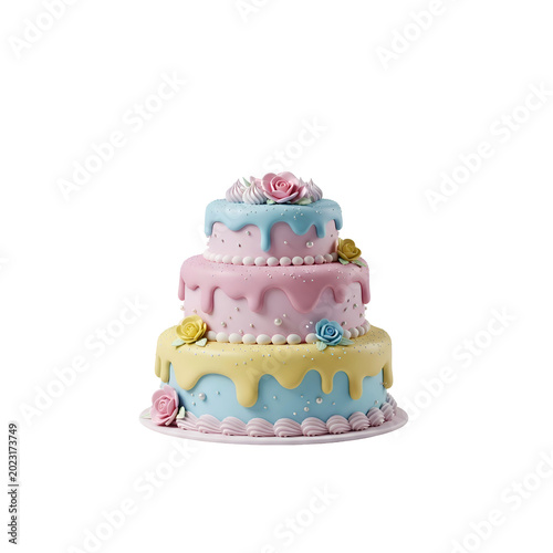 Three-tiered cake with colorful frosting and floral decorations for celebration.