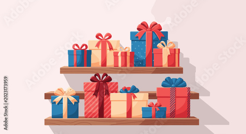 Multiple wooden shelves filled with a variety of wrapped gift boxes decorated with colorful ribbons for holiday celebrations.