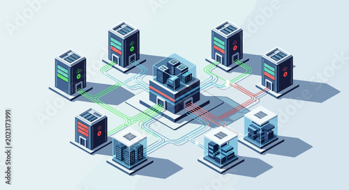 Isometric illustration of interconnected server and computer network.