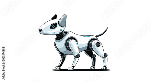Futuristic robot dog character in a white and gray metallic design standing on a white background with clean lines.
