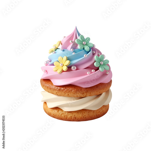 Delicious cupcake with colorful frosting and flower decorations perfect for celebrations.