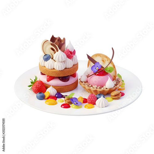 Exquisite dessert plate featuring layered cakes fresh berries and colorful candies a culinary delight.