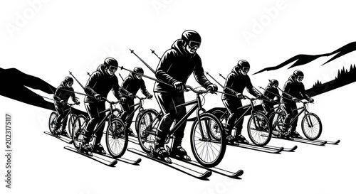 Foto A group of individuals participates in the unique and challenging winter sport of ski biking