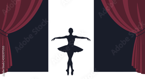 Valokuva Ballet dancer in silhouette on stage with red curtains.