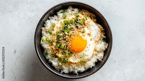 Korean food egg rice simple Korean meal gyeran bap rice egg soy sauce sesame oil comfort dish minimal aesthetic top view clean background