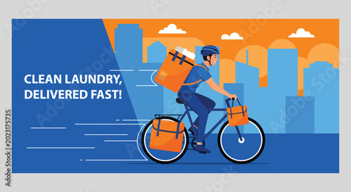 Clean Laundry Delivery Service Illustration with Bicycle Courier in Urban City Background