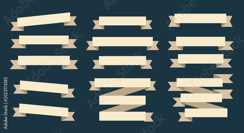 Collection of horizontal banner ribbons in a cream vintage style displayed against a dark navy blue background for text labeling.
