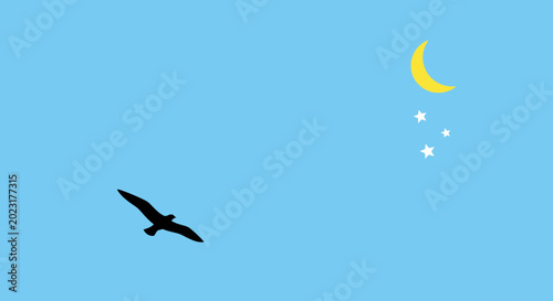 Cuadro en lienzo Silhouette of a bird flying under a crescent moon and stars in a clear blue sky