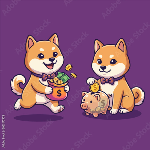 Cute Shiba Inu Dogs Managing Money with Money Bag and Piggy Bank