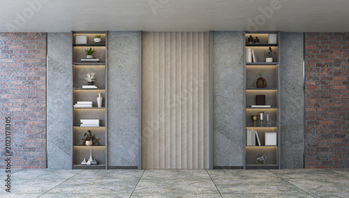 Photos 3D render of an industrial loft style empty room backdrop featuring exposed red brick walls, grey concrete panels, and dark metal shelving with warm LED lighting