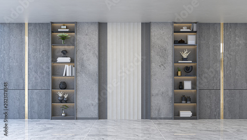 Foto 3D render of a luxury modern contemporary interior backdrop featuring elegant grey stone panels, dark shelving with warm lighting, and a white marble floor