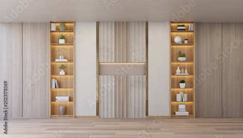 Foto 3D render of a warm modern interior backdrop featuring textured stone accents, vertical wood panels, and built-in wooden display shelves with soft lighting