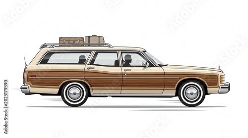 Vintage station wagon with luggage on roof rack against white background