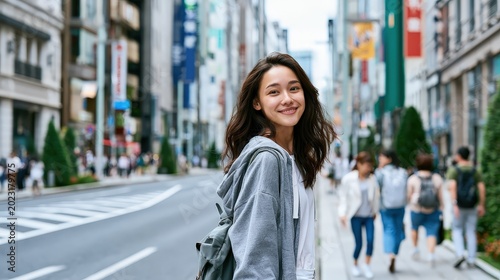 young woman walking in the city steadicam