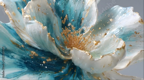 Modern resin art flower with shimmering gold accents, white layered petals, teal ocean-inspired fluid movement, glossy finish, contemporary abstract artwork.