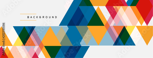 Geometric shapes overlap creating vibrant pattern. Triangles dominate composition, using diverse colors, modern aesthetic.