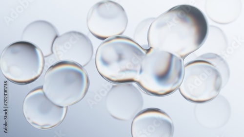 Abstract clear liquid bubbles floating over white background, 3d transparent cell morphing fluid