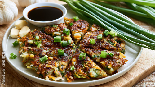 Sliced Korean pancake served with soy dipping sauce, garnished with chopped green onions, accompanied by fresh garlic and green onions on a wooden surface