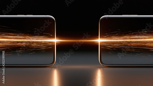 Two smartphones facing each other with golden light beams connecting their screens, symbolizing fast digital data transfer or communication.
