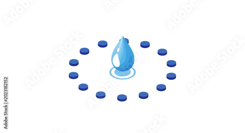 Fotografie Blue water droplet surrounded by smaller droplets.