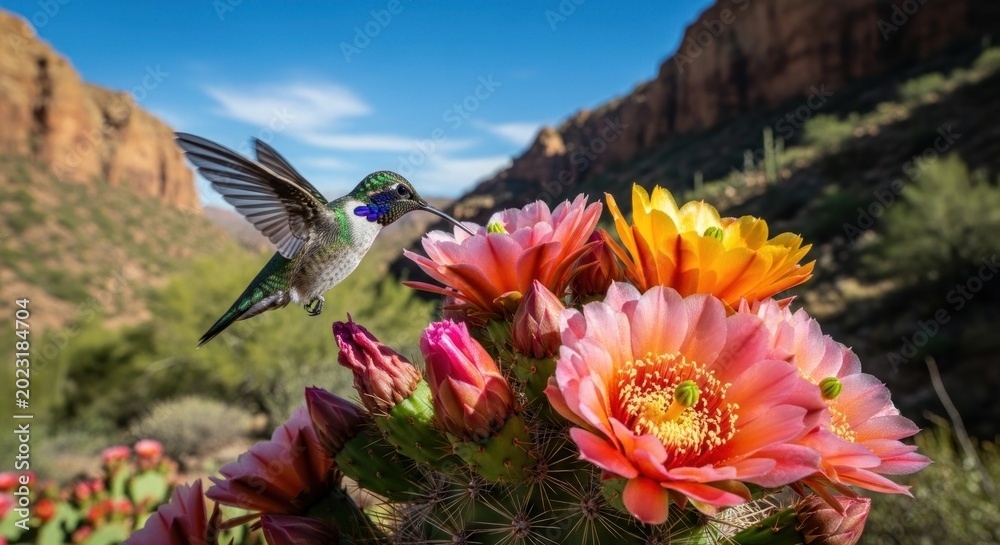 Fototapeta premium Hummingbird hovering over colorful desert cactus flowers