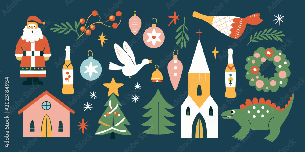 Fototapeta premium holiday illustrations collection with santa claus and christmas ornaments