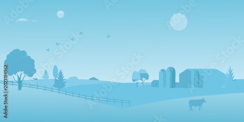 Foto monochromatic farm landscape with barn and grazing cow