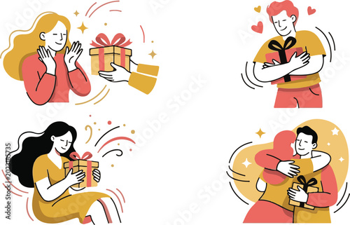 People giving and receiving gifts flat vector illustration set with happy characters celebrating holidays birthday and special occasions with surprise gift boxes