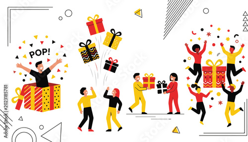 People celebrating with surprise gift boxes flat vector illustration set with happy characters jumping throwing presents and popping out of gift box on abstract background