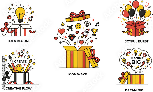 Creative ideas and icons bursting from gift boxes flat vector illustration set with business concept designs for idea bloom joyful burst creative flow and dream big