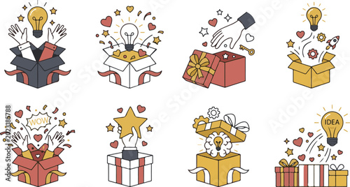 Creative business ideas and surprise gift boxes flat vector illustration set with hands holding stars lightbulbs brain and solution icons popping out of gift boxes