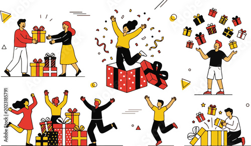 People celebrating with surprise gift boxes flat vector illustration set with happy characters jumping juggling gifts and popping out of big present boxes on abstract background