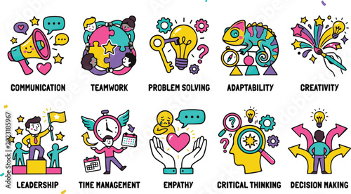 Essential soft skills and emotional intelligence vector icons set for communication teamwork problem solving adaptability creativity leadership time management empathy and decision making