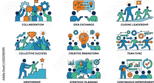 Teamwork and business collaboration vector icons set for guiding leadership collective success creative brainstorm mentorship and strategic planning