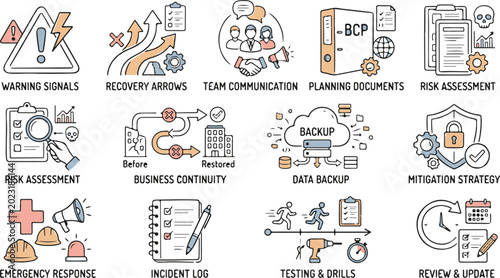 Business continuity plan and disaster recovery vector icons set for risk assessment data backup emergency response team communication and mitigation strategy
