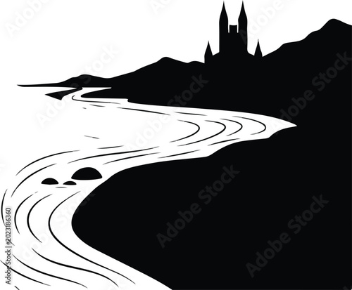 Minimalist Landscape Silhouette of a Winding River and Castle on a Mountain Coast Vector Illustration