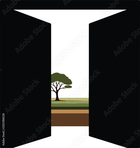 Conceptual Silhouette of Open Double Doors Revealing a Peaceful Tree and Field Landscape