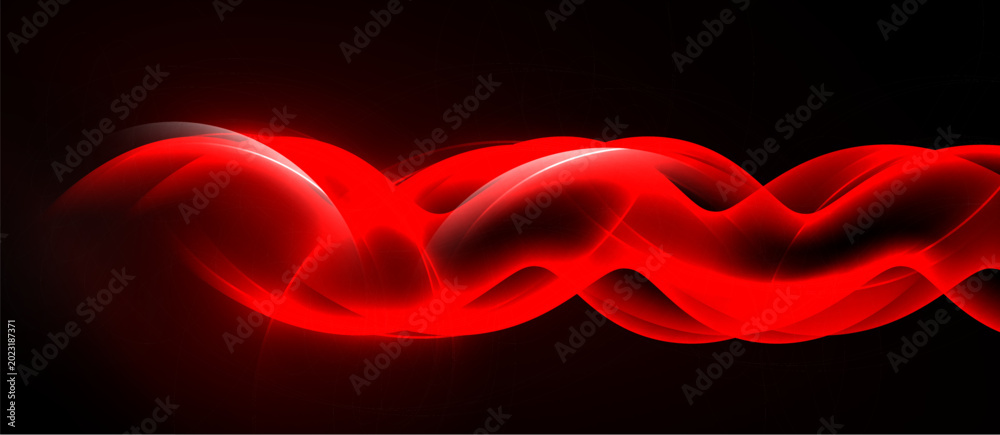 Fototapeta premium Bright red abstract waves flow across black background. Dynamic curves create vibrant visual impact, modern design element.