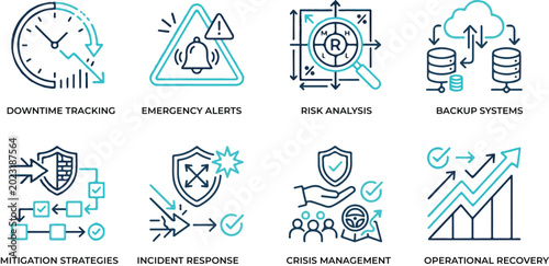 Business continuity management vector icons set for downtime tracking emergency alerts risk analysis backup systems mitigation strategies incident response and operational recovery