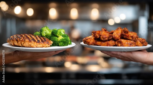 Two hands holding plates of food chicken breast with broccoli and buffalo chicken wings