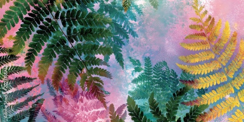 Vibrant fern leaves on colorful abstract background