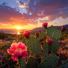 Vibrant desert landscape with cactus flowers at sunset (1)