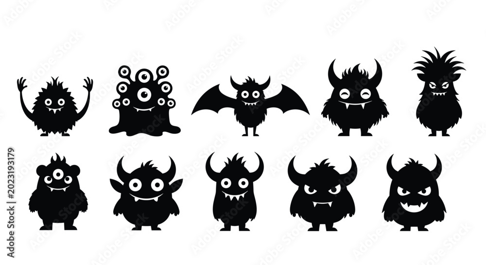 Obraz premium Set of ten unique black monster silhouettes with different shapes, eyes, and features against a white background.