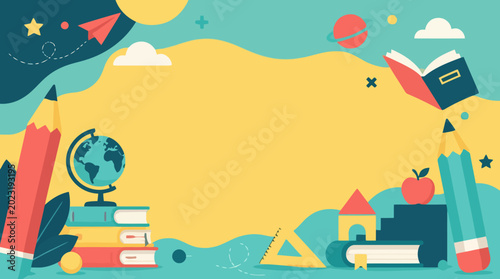 Playful school supplies and educational icons on colorful abstract background with central copy space, ideal for back-to-school banners and posters.