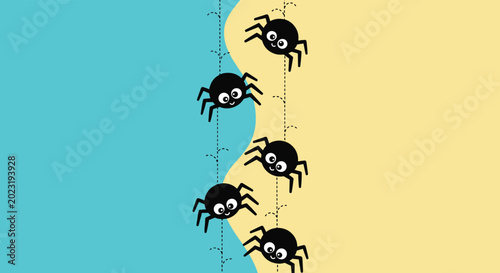 Five cute black spiders with big eyes climbing on vertical dashed spider web lines over blue and yellow backgrounds.
