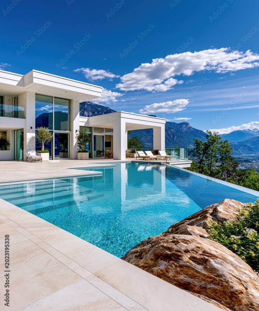 Fototapeta premium Modern luxury villa featuring infinity pool and spectacular mountain views under clear sky